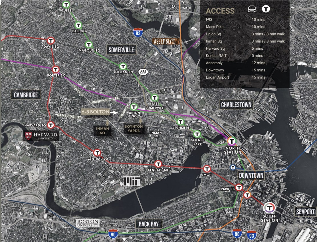 Map showing 6–8 Bolton Street and drive and walk times to Union Square, Inman Square, Harvard, Kendall/MIT, downtown Boston, and Logan Airport